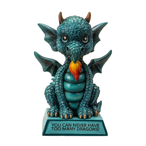 My Store teal blue dragon figurine with intricate scales, wings, and a motivational quote on its base.
