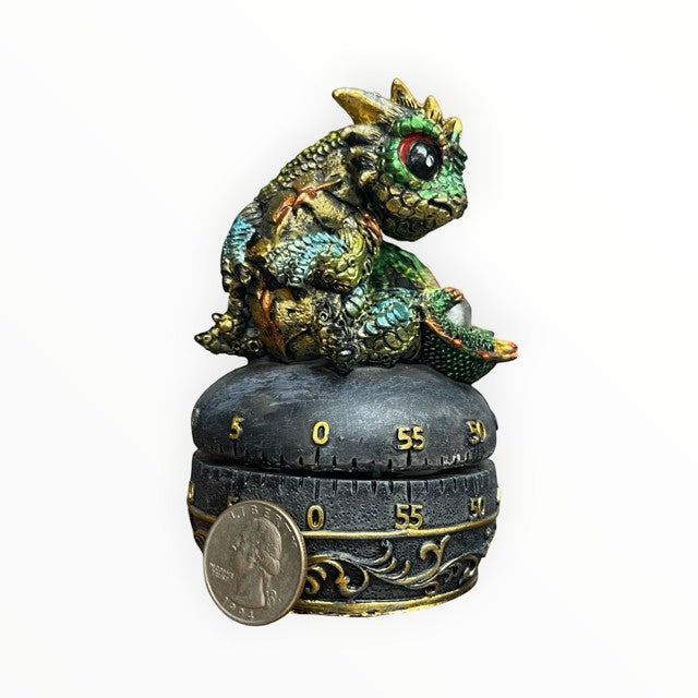 My Store fantasy guardian dragon with egg mechanical kitchen timer, green and gold, polyresin.
Size: 3" X 3" X 4.75"