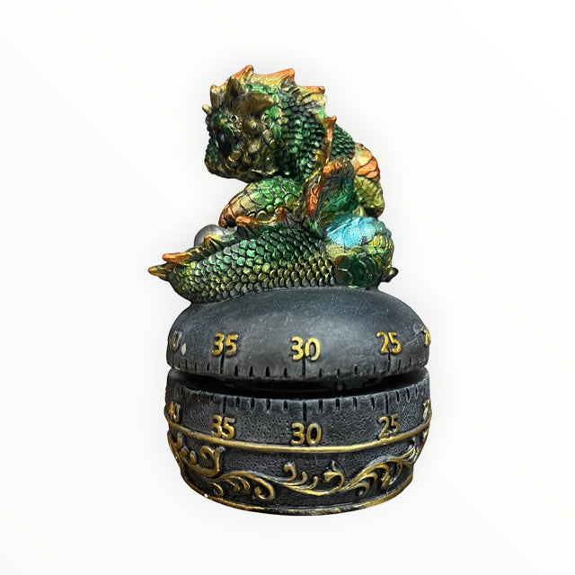 My Store fantasy guardian dragon with egg mechanical kitchen timer, green and gold, polyresin.
Size: 3" X 3" X 4.75"