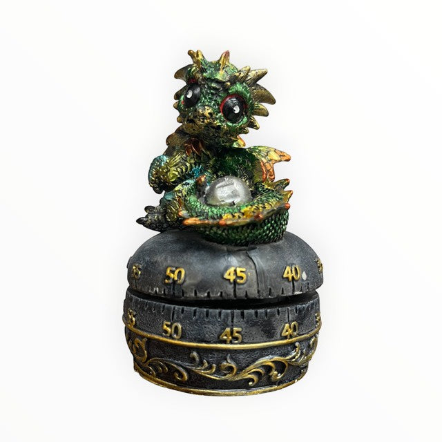 My Store fantasy guardian dragon with egg mechanical kitchen timer, green and gold, polyresin.
Size: 3" X 3" X 4.75"