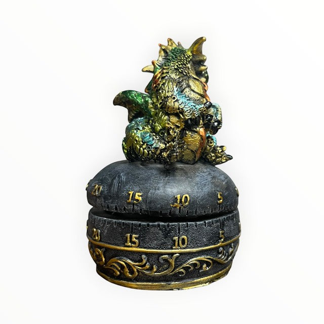 My Store fantasy guardian golden dragon with egg mechanical kitchen timer, hand-painted polyresin, 4.75" tall.