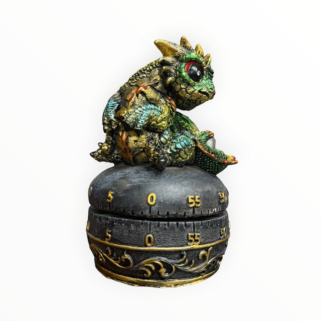 My Store fantasy guardian dragon with egg mechanical kitchen timer, green and gold, polyresin.
Size: 3" X 3" X 4.75"