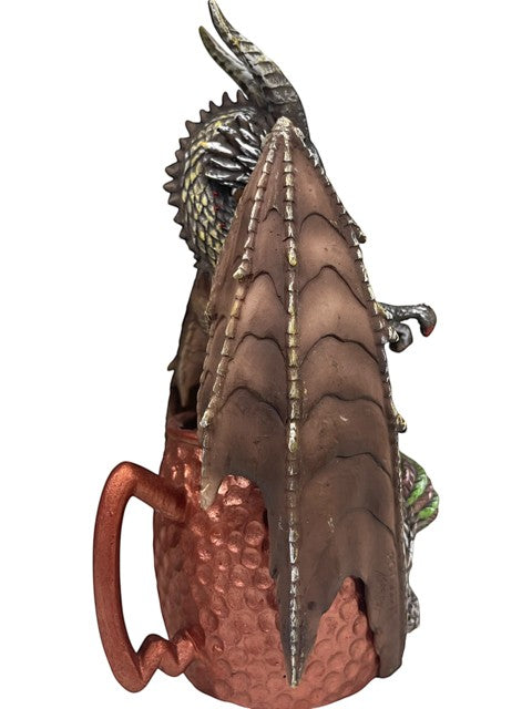 My Store Moscow Mule mug with a detailed dragon figurine climbing on it. Copper hammered finish.
