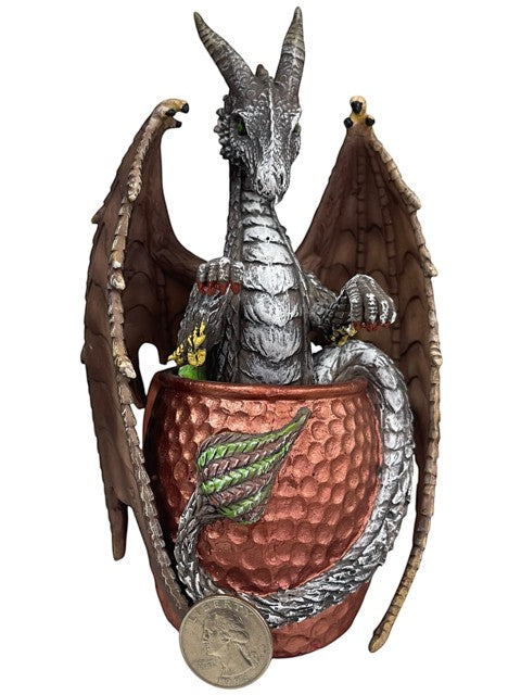 My Store Moscow Mule Mug Dragon figurine by Stanley Morrison. Detailed silver dragon with brown wings emerging from a copper mug.