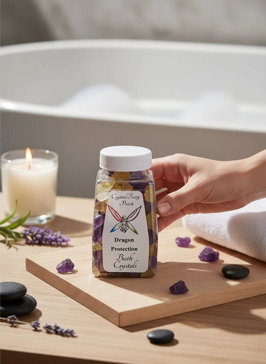 My Store Crystal Fairy Patch Dragon Protection Bath Crystals with purple and yellow crystals, promoting peace and security.