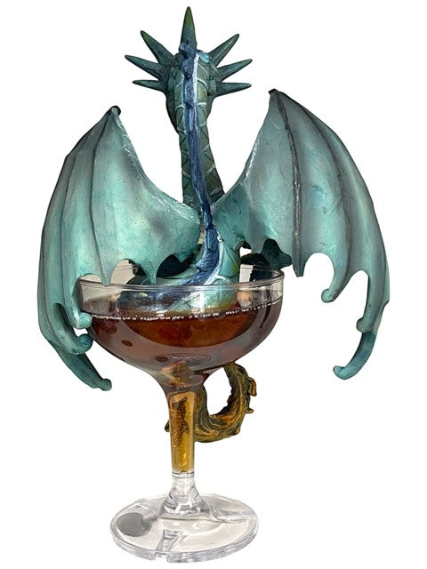 My Store Drinks and Dragons Series Manhattan dragon figurine by Stanley Morrison, teal dragon perched in cocktail glass.
