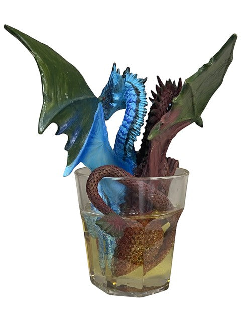 My Store Drinks and Dragons Series "Gin and Tonic" dragon figurine by Stanley Morrison. Blue and brown dragons in a glass with yellow liquid.