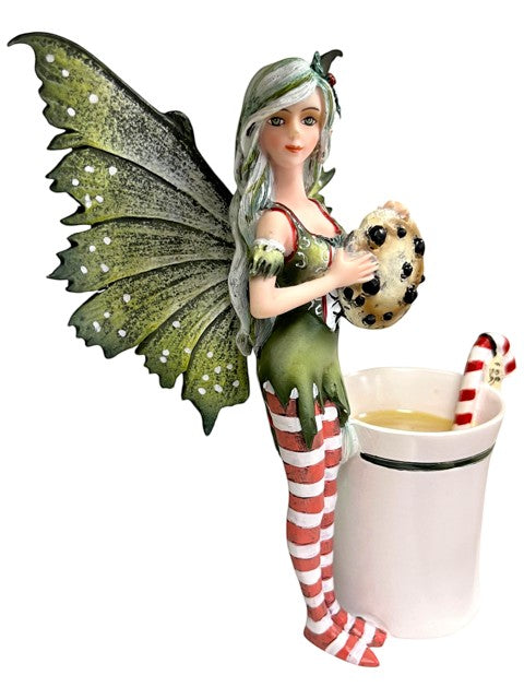 My Store Amy Brown "Fairy Christmas" figurine of a fairy holding a chocolate cookie next to a mug of hot cocoa with a candy cane.