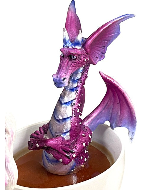 My Store Amy Brown Get Out of My Tub Cup Fairy Dragon figurine, purple and blue dragon emerging from a brown liquid in a white cup.