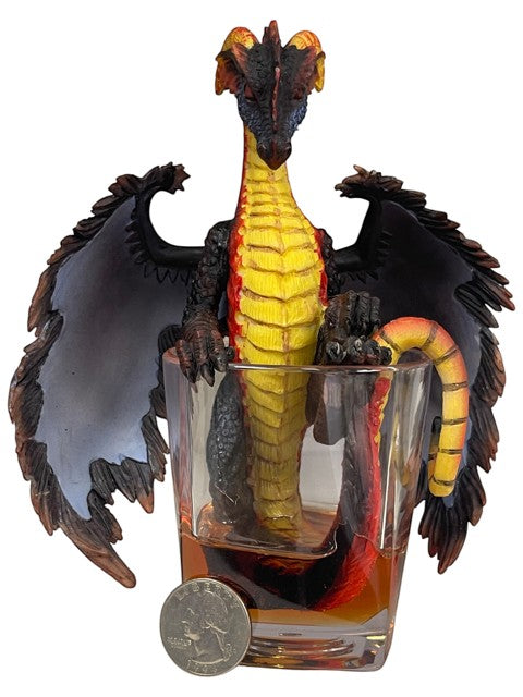 My Store Drinks and Dragons Series "Gin Dragon" figurine by Stanley Morrison, a black and yellow dragon with red accents sitting in a glass of amber liquid.