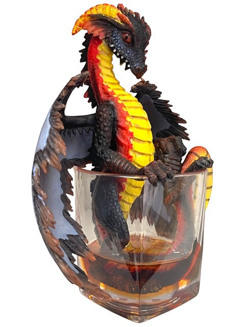 My Store Drinks and Dragons Series "Gin Dragon" figurine by Stanley Morrison, black and red dragon with yellow accents perched on a glass of amber liquid.