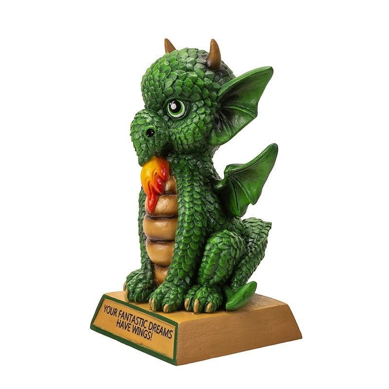 My Store green dragon figurine with wings, breathing fire, and "Your Fantastic Dreams Have Wings" quote on base.