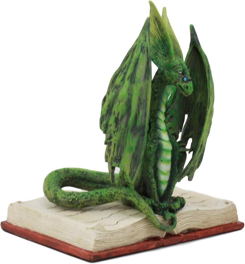 My Store green dragon reading a book statue figurine with detailed scales and wings, made of resin.