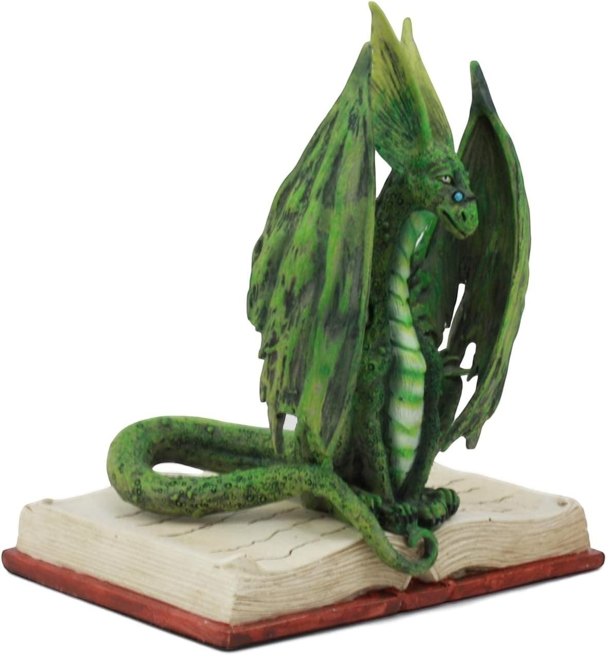 My Store green dragon reading a book statue figurine with detailed scales and wings, made of resin.