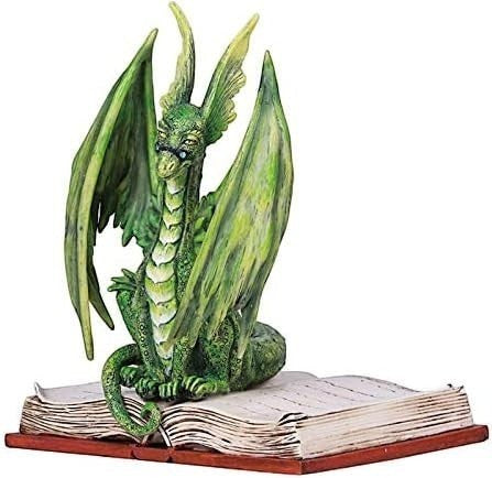 My Store Scholar Dragon Text Book Statue by Amy Brown, green dragon with spectacles reading a book, resin figurine.