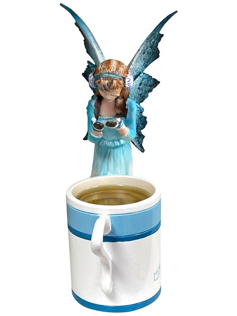My Store Amy Brown Hot Cocoa Faery Cup with blue wings and dress, holding a cup.