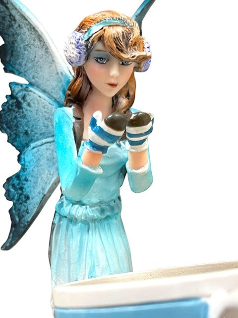 My Store Amy Brown Hot Cocoa Faery Cup figurine with blue wings, blue dress, and striped mittens.