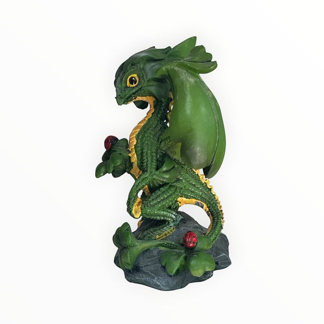 My Store Green Thumb Garden Fruits Series Lucky Clover Dragon figurine with ladybugs. Detailed green dragon with yellow accents.