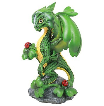 My Store Lucky Clover Dragon figurine, green resin, with ladybugs on clovers. Whimsical garden decor.