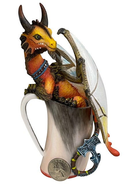My Store Drinks and Dragons Series "Mead Dragon" figurine by Stanley Morrison, orange and yellow dragon with blue collar sitting in a mug.
