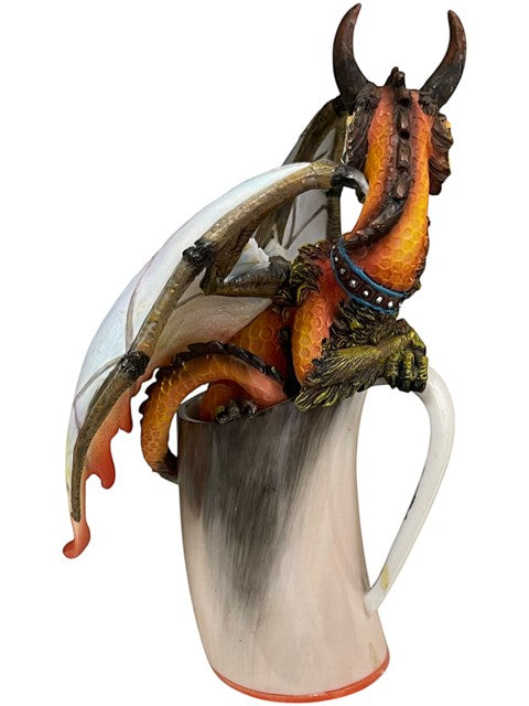 My Store Drinks and Dragons Series "Mead Dragon" figurine by Stanley Morrison, orange and yellow dragon with iridescent wings perched in a mug.