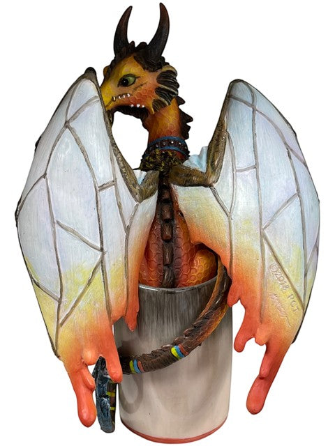 My Store "Mead Dragon" figurine by Stanley Morrison, a fantasy collectible with orange and yellow scales, white wings, and a detailed tail.