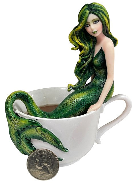 My Store Amy Brown Mermaid Blend fantasy art figurine, green mermaid with yellow highlights in hair, sitting in a white teacup.