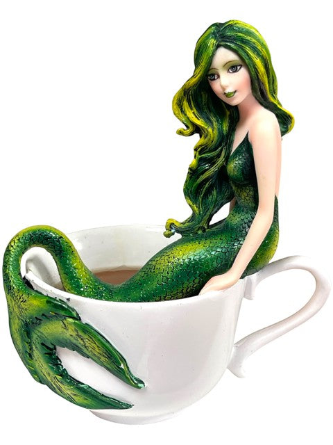 My Store Amy Brown Mermaid Blend fantasy art figurine, green mermaid with yellow highlights in hair, sitting in a white teacup.