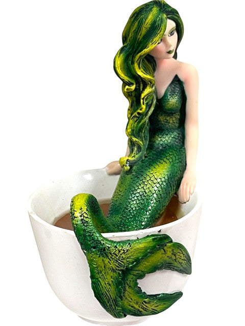 My Store Amy Brown Mermaid Blend fantasy art figurine with green hair and tail, sitting in a white mug.