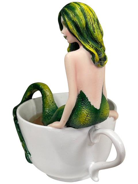 My Store Amy Brown Mermaid Blend fantasy art figurine sitting in a white teacup with green tail and hair.