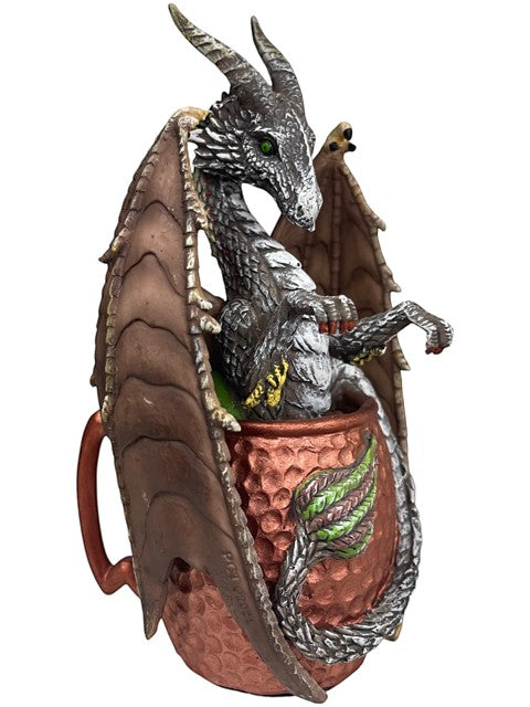 My Store Moscow Mule Mug Dragon figurine by Stanley Morrison, a detailed dark grey dragon with green eyes sits in a copper mug.