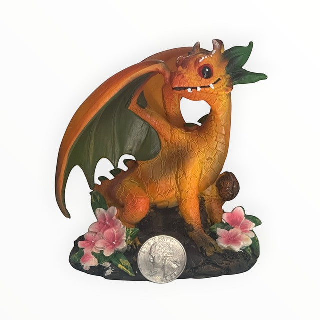 My Store Green Thumb Garden Fruits Series "Peach Dragon" figurine by Stanley Morrison. Orange dragon with green under wings and pink flowers.