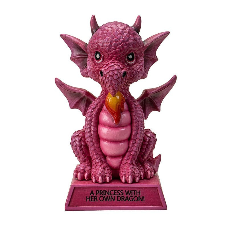 My Store pink dragon figurine with intricate scales, wings, and a base inscribed "A Princess With Her Own Dragon!".
