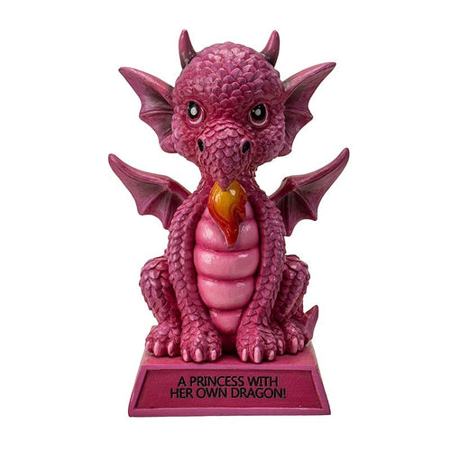 My Store pink dragon figurine with intricate scales, wings, and a base inscribed "A Princess With Her Own Dragon!".