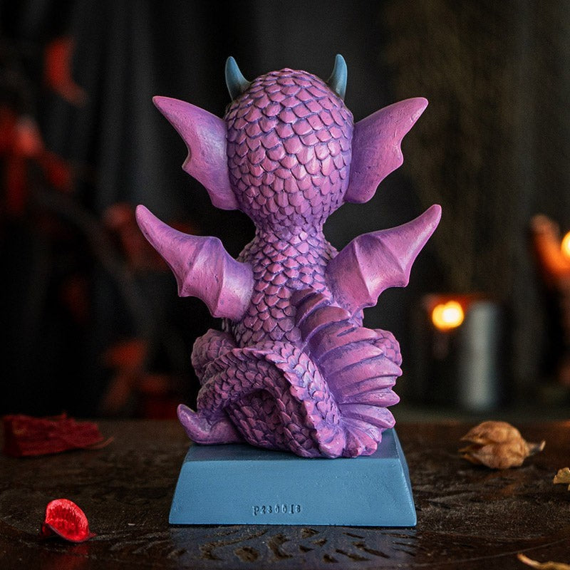 My Store purple dragon figurine with intricate scales, wings, and blue horns. Features "She's Cute But Fierce" quote on base.