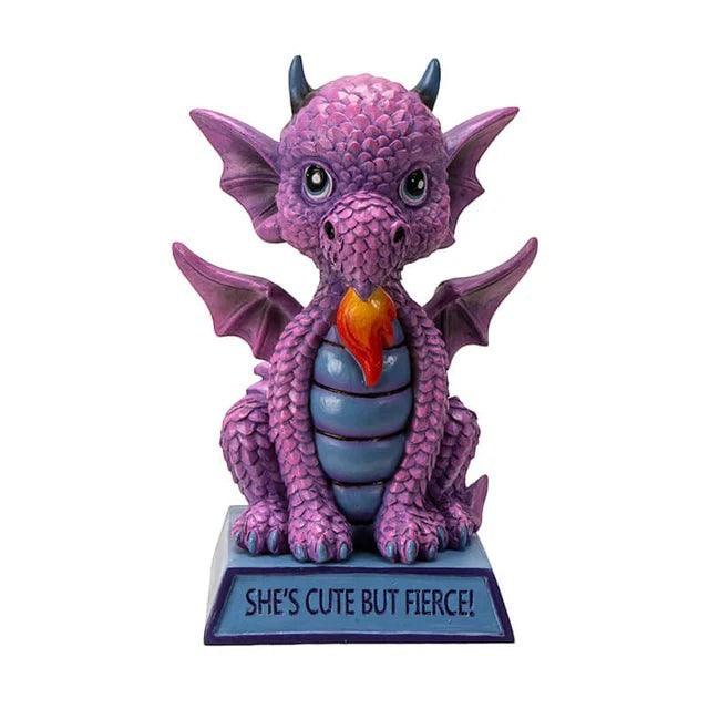 My Store purple dragon figurine with blue accents and wings, featuring "She's Cute But Fierce" message on base.