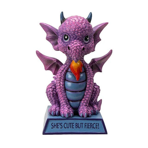 My Store purple dragon figurine with blue accents and wings, featuring "She's Cute But Fierce" message on base.