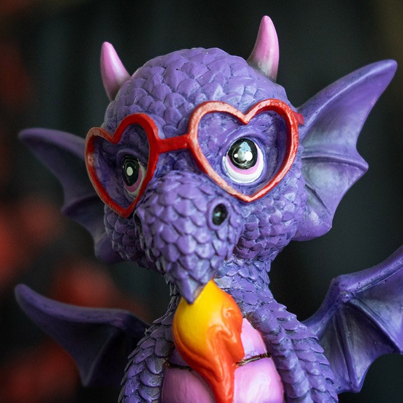 My Store purple dragon figurine with heart-shaped glasses and flame detail. Resin collectible.