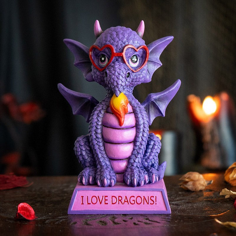 My Store purple dragon figurine with heart-shaped glasses and "I Love Dragons!" message on base.