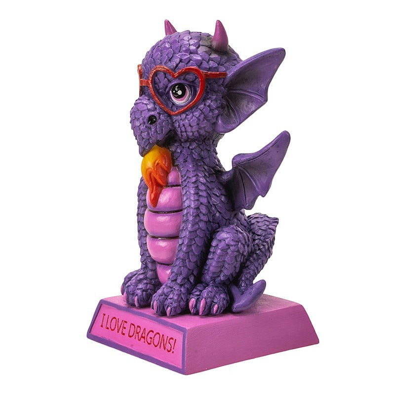 My Store purple dragon figurine with heart-shaped glasses and "I Love Dragons!" base.
