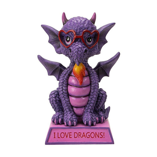 My Store purple dragon figurine with heart glasses and "I Love Dragons!" message on base. Resin.