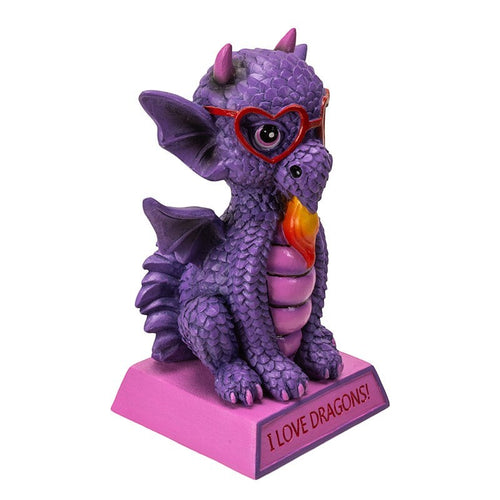 My Store purple dragon figurine with heart-shaped glasses and "I LOVE DRAGONS!" message on base. Made of resin.