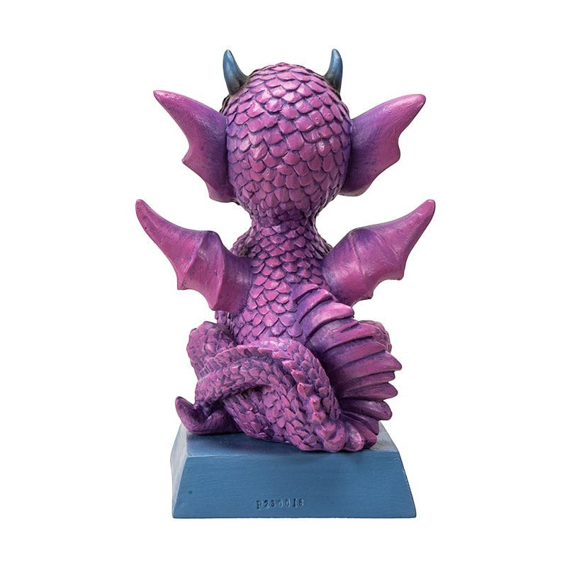 My Store purple dragon figurine with blue horns and wings, detailed scales, sitting on a blue base with a quote.