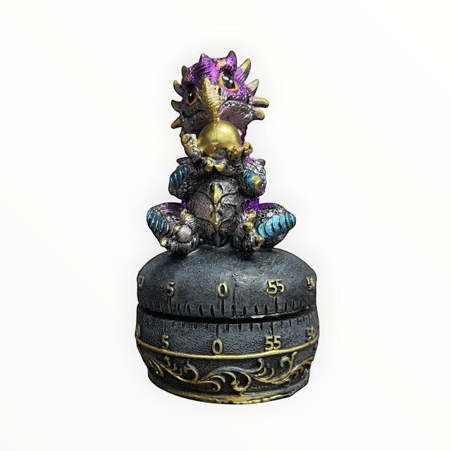 My Store purple fantasy dragon with gold egg mechanical kitchen timer, hand-painted polyresin, up to 60 minutes