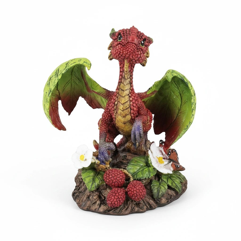 My Store Green Thumb Garden Fruits Series Raspberry Dragon figurine with red scales, green wings, and golden undertones, perched on raspberries and flowers.