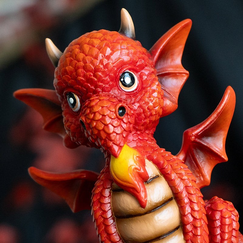 My Store red dragon figurine with intricate scales, wings, and a flame in its mouth. Features "She's Cute But Fierce" quote.