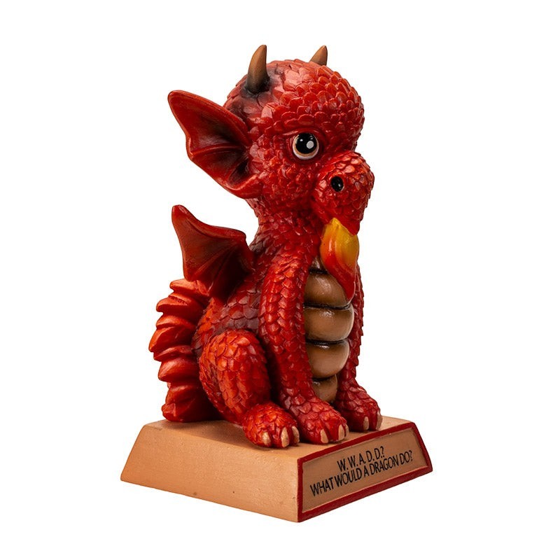 My Store red dragon figurine with intricate scales, wings, and a flame detail. Features "W.W.A.D.D. What Would A Dragon Do?" quote.
