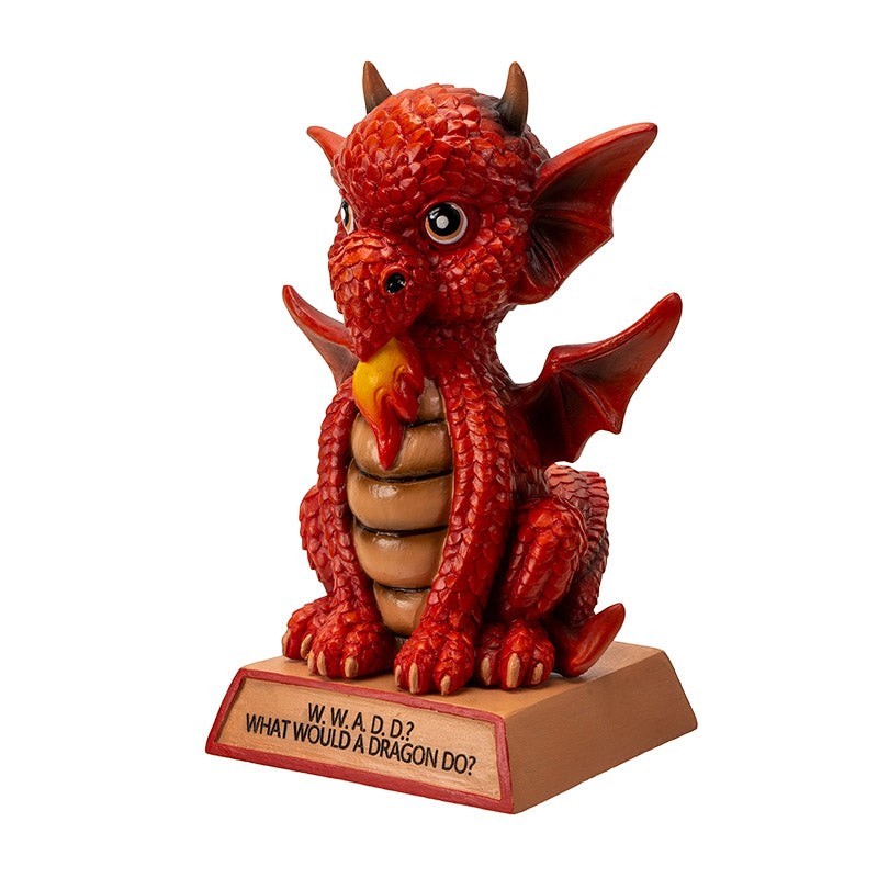 My Store red dragon figurine with wings, detailed scales, and a flame accent. Inscribed base reads "W.W.A.D.D. What Would A Dragon Do?"