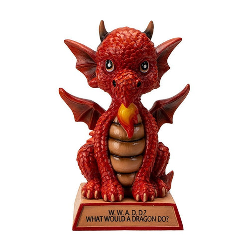 My Store red dragon figurine with "W.W.A.D.D. What Would A Dragon Do?" inscription on base. Resin.