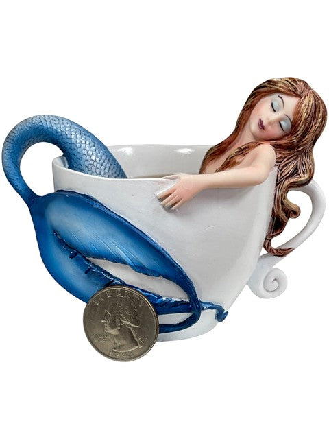 My Store Amy Brown "Relaxing Mermaid" figurine in a teacup with blue tail and brown hair.